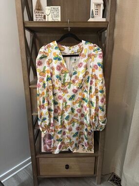 Never Fully Dressed White V-Neck Tunic with Multicolor Mushroom Print